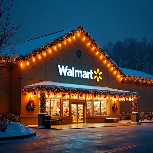 Prompt: (Walmart retail store decorated in Christmas lights), (festive ambience), sparkling lights twinkling against a cool evening backdrop, inviting atmosphere, snow softly blanketing the ground, colorful ornaments hanging from the entrance, warm hues of gold and red intermingling, creating a cozy mood, high details of the storefront, 4K, ultra-detailed, magical holiday spirit.