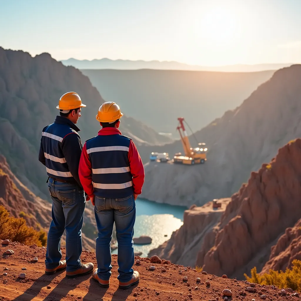 Prompt: A photo collaborative scene at a modern mining site with a Japanese and Peruvian engineer standing side by side, examining advanced mining equipment and copper resources.  In the background, blend Japanese and Peruvian landscapes to represent international cooperation.