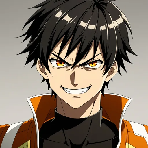 Prompt: Anime, Male, Black hair, Amber eyes, White, Short Hair, Scowl, Grin