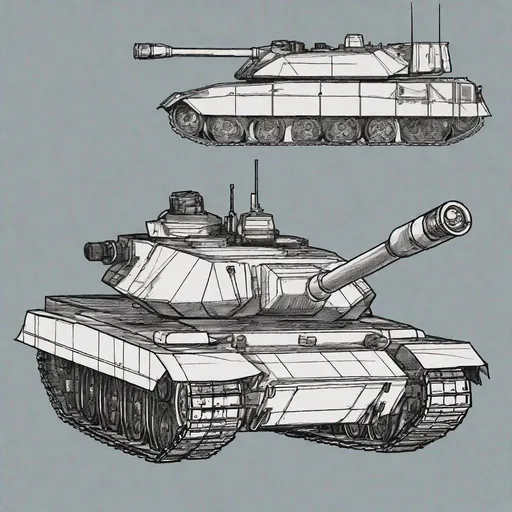 Prompt: A MODERN experimental 1980s German Tank (blueprint). Set up page like a vehicle blueprint.