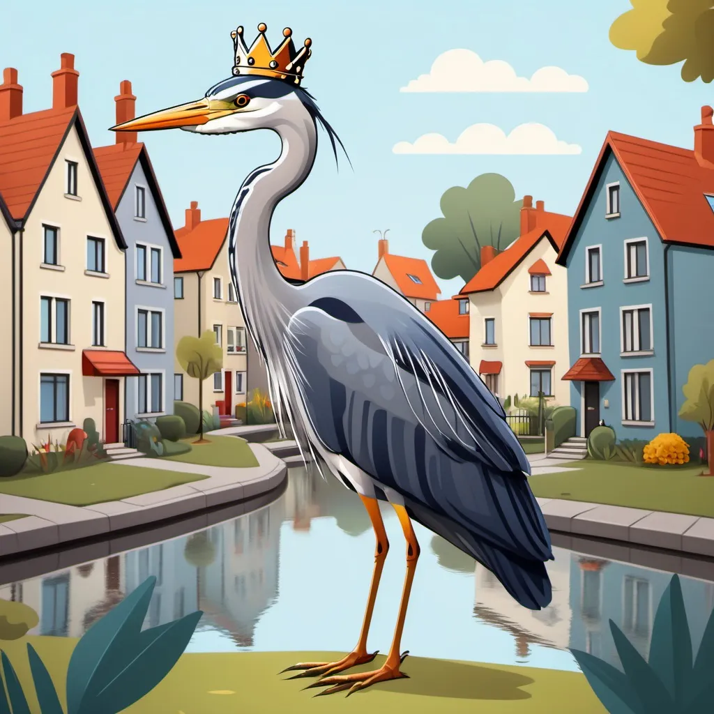 Prompt: heron in a crown, in the background neighbourhood with houses with cartoon style