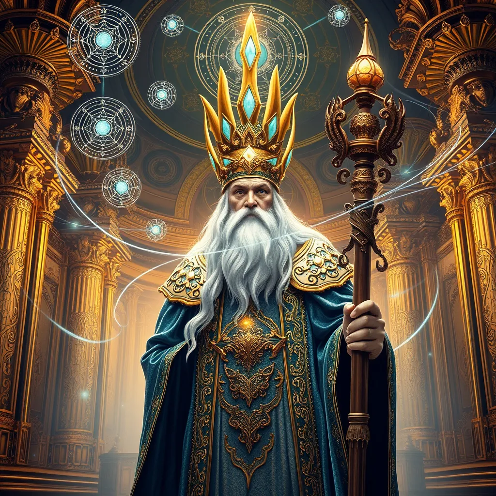 Prompt: 
A grand, otherworldly throne room of towering gilded pillars and intricately engraved archways, suffused with a luminous, celestial glow. At the focal point stands a regal, ancient wizard figure with a long, flowing white beard and piercing eyes, adorned in lavish ceremonial robes of opalescent blue and gold filigree. His ornate crown is composed of layered spires reminiscent of fractal geometry, set with glowing gems that pulsate in rhythmic, otherworldly patterns. Floating geometric mandalas, arcane sigils, and ethereal orbs of cosmic energy revolve overhead, tracing slow, methodical paths through the charged atmosphere. Streams of light swirl around him as if tethered to his every movement, illuminating the intricate metallic latticework woven into his armor-like shoulders and layered fabric. He wields a tall, ornate staff crowned with swirling crystalline structures that emanate radiance, as though channeling elemental forces from distant star fields. The grand floor beneath him is etched with complex circular symbols and shimmering runes that span outward in expanding concentric designs, casting reflections onto the pillars in luminous waves. Dust motes and glowing particles meander through the air, creating a mystical haze. The wizard’s posture and outstretched arms convey both authority and transcendence, while intangible magical currents spiral upward toward a colossal cosmic diagram nested within the vaulted ceiling. The entire scene suggests a moment of high ritual or divine communion, merging high fantasy aesthetics with cosmic, futuristic undertones—an epic display of celestial power, ancient wisdom, and cosmic architecture enveloped in swirling arcs of light.