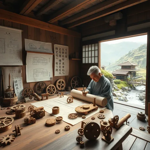 Prompt: 

A highly detailed, photorealistic scene inside a traditional Japanese workshop, bathed in soft, natural light. An older Japanese craftsman with graying hair, wearing a simple kimono, meticulously sketches architectural blueprints on a large scroll laid out on a wooden workbench. Surround him with an array of handcrafted wooden gears, wheels, pulleys, and mechanical prototypes in various stages of assembly. On one wall, detailed schematics and engineering diagrams for intricate waterwheel designs and building layouts are pinned, while shelves hold calligraphy brushes, scrolls, and precision tools. Just beyond the open doorway, a tranquil mountain landscape features a gently winding stream, a small wooden bridge, and a stately, thatched-roof building perched on a grassy slope. Sunlight filters in to illuminate both the workshop’s warm wood tones and the verdant hillside, highlighting the harmony between traditional craftsmanship and the serene natural surroundings. Include subtle textures—weathered beams, brushed metal surfaces, and delicate scrollpaper—to enhance realism, ensuring an overall atmosphere of calm focus and artistic ingenuity.

