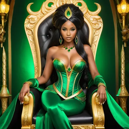 Prompt: Beautiful golden royal african sorceress in gold corset with emerald green accents, dark oiled skin, long black hair, sitting on a throne made from a green dragon, fantasy style, highres, magical, detailed, regal, elegant, emerald green, pearlescent, fantasy, detailed black hair, ornate throne, ethereal lighting, 