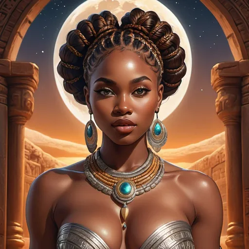 Prompt: Intricately detailed front facing elaborate beautiful brown skinned African Nigerian moon goddess glistening face bright eyes prismatic intricately braided hair hyperdetailed painting fantasy art 4K, DUNGEON SETTING, EXTREMELY LARGE EXPOSED BOOSOM, MUSCLED AFRICAN MAN NO SHIRT SUCKLING HER BOSSOM  digital illustration, extreme detail, digital art, ultra hd, vintage photography, beautiful, tumblr aesthetic, retro vintage style, hd photography, hyperrealism, motion blur, wide angle lens, deep depth of field, warm, Soft Lighting, Reflective Eyes, Intricate Detail, anime Character Design, Unreal Engine, Beautiful, Tumblr Aesthetic, Hd Photography, Hyperrealism, Beautiful Watercolor Painting, Realistic, Detailed,
