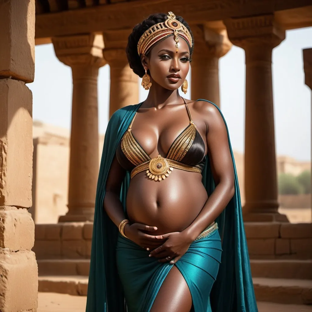 Prompt: DARK SKINNED AFRICAN pregnant captive concubine dressed in hot ancient short skimpy thong, HUGE BOOSOM detailed face, kissing  black muscled king no shirt
backless dress, 8k UHD, DSLR, high quality, hard lighting, film grain, Fujifilm XT3, detailed skin:1.2, ancient Greek, detailed eyes, professional, realistic, full-body shot, glamorous, hot, actress, specific dress design, ancient setting, 