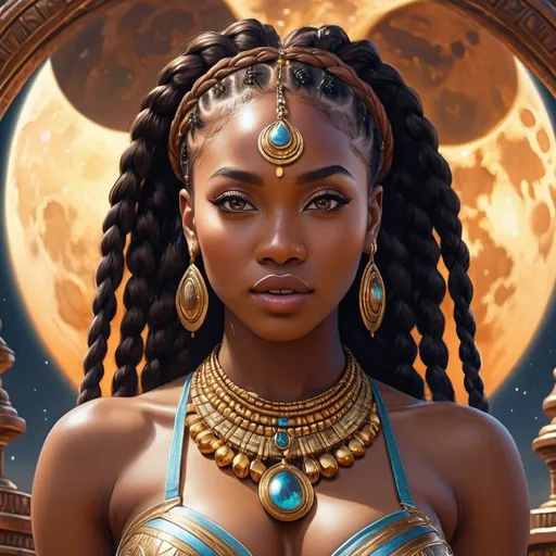 Prompt: Intricately detailed front facing elaborate beautiful brown skinned African Nigerian moon goddess glistening face bright eyes prismatic intricately braided hair hyperdetailed painting fantasy art 4K, DUNGEON SETTING, EXTREMELY LARGE EXPOSED BOOSOM, MUSCLED AFRICAN MAN NO SHIRT SUCKLING HER BOSSOM  digital illustration, extreme detail, digital art, ultra hd, vintage photography, beautiful, tumblr aesthetic, retro vintage style, hd photography, hyperrealism, extreme long shot, telephoto lens, motion blur, wide angle lens, deep depth of field, warm, anime Character Portrait, Symmetrical, Soft Lighting, Reflective Eyes, Pixar Render, Unreal Engine Cinematic Smooth, Intricate Detail, anime Character Design, Unreal Engine, Beautiful, Tumblr Aesthetic, Hd Photography, Hyperrealism, Beautiful Watercolor Painting, Realistic, Detailed,
