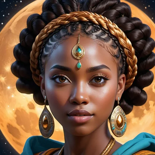 Prompt: Intricately detailed front facing elaborate beautiful brown skinned African Nigerian moon goddess glistening face bright eyes prismatic intricately braided hair hyperdetailed painting fantasy art 4K, DUNGEON SETTING, EXTREMELY LARGE EXPOSED BOOSOM  digital illustration, extreme detail, digital art, ultra hd, vintage photography, beautiful, tumblr aesthetic, retro vintage style, hd photography, hyperrealism, extreme long shot, telephoto lens, motion blur, wide angle lens, deep depth of field, warm, anime Character Portrait, Symmetrical, Soft Lighting, Reflective Eyes, Pixar Render, Unreal Engine Cinematic Smooth, Intricate Detail, anime Character Design, Unreal Engine, Beautiful, Tumblr Aesthetic, Hd Photography, Hyperrealism, Beautiful Watercolor Painting, Realistic, Detailed,
