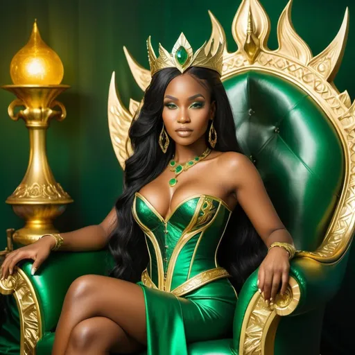 Prompt: Beautiful golden royal african sorceress in gold corset with emerald green accents, dark oiled skin, long black hair, sitting on a throne made from a green dragon, fantasy style, highres, magical, detailed, regal, elegant, emerald green, pearlescent, fantasy, detailed black hair, ornate throne, ethereal lighting, 