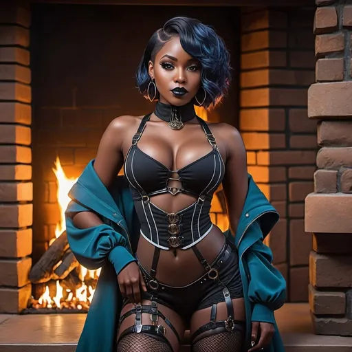 Prompt: gothic dark-skinned african woman. LOOKING AT CAMERA, sitting in front of a fireplace short haircut, exposed large boosom, muscled black man kissing, steampunk, white body harness, wearing fishnet stockings, dark aesthetic,dark outdoor setting, cute aesthetic, dark eyeliner,dark makeup, very attractive.thick thighs, full body shot,best quality, highres, ultra-detailed, anime, cool tones, detailed hair, futuristic, professional, atmospheric lighting