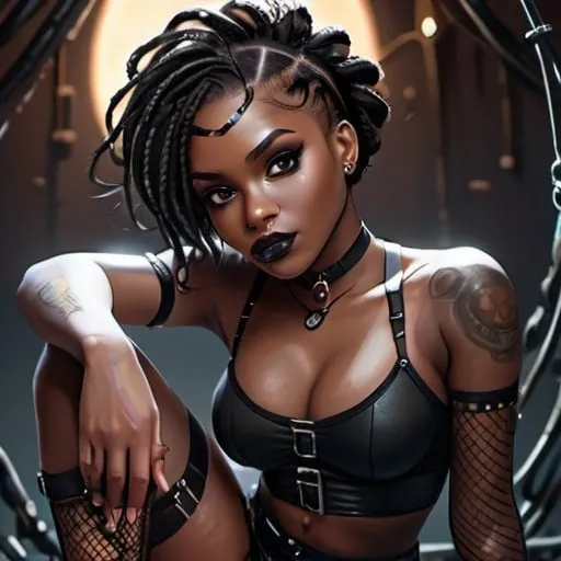 Prompt: illustration of a beautiful black,dark-skin woman. LOOKIN AT CAMERA, bent over,short haircut, braids,steampunk, white body harness, wearing fishnet stockings, dark aesthetic,dark outdoor setting, cute aesthetic, dark eyeliner,dark makeup, moonlight, showing bum. Very large brreasts, very attractive.thick thighs, full body shot,best quality, highres, ultra-detailed, anime, cool tones, detailed hair, futuristic, professional, atmospheric lighting