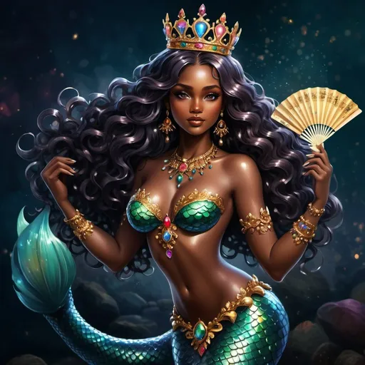 Prompt: (Dark skinned) goddess of mermaid girl, vibrant, large boosom, whimsical dark background, black long wavy hair, dark tan skin, pretty, 8k resolution hyperdetailed scales intricately triadic colors high resolution, full body mermaid with fan tail, familiar, ambient light, glamour, intricate and detailed environment, laces, stains, watercolor dark background, Masterpiece, Royo, ornate, depth, glimmering body art, shimmering glistening skin, ornate crown,, fan tail, pincher claws for hands 