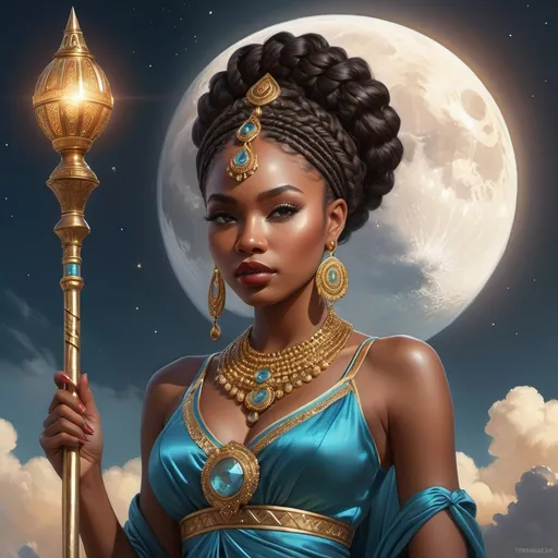 Prompt: Intricately detailed front facing elaborate beautiful brown skinned African Nigerian moon goddess holding a staff intricate glistening face bright eyes prismatic crystal clear dress intricately braided hair hyperdetailed painting by Ismail_Inceoglu Tom Bagshaw Dan Witz CGSociety ZBrush Central fantasy art 4K, Crystal Palace in background digital painting, digital illustration, extreme detail, digital art, ultra hd, vintage photography, beautiful, tumblr aesthetic, retro vintage style, hd photography, hyperrealism, extreme long shot, telephoto lens, motion blur, wide angle lens, deep depth of field, warm, anime Character Portrait, Symmetrical, Soft Lighting, Reflective Eyes, Pixar Render, Unreal Engine Cinematic Smooth, Intricate Detail, anime Character Design, Unreal Engine, Beautiful, Tumblr Aesthetic, Hd Photography, Hyperrealism, Beautiful Watercolor Painting, Realistic, Detailed, Painting By Olga Shvartsur, Svetlana Novikova, Fine Art
