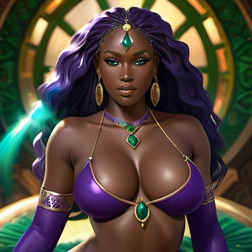 Prompt: Beautiful african concubine, no shirt, large exposed boosom,  thick thighs, dark african man behind her, dark oiled skin, long dark purple hair, fantasy style, highres, magical, detailed, regal, elegant, emerald green, pearlescent, fantasy, ethereal lighting, 