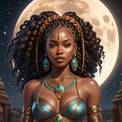 Prompt: Intricately detailed front facing elaborate beautiful brown skinned African Nigerian moon goddess glistening face bright eyes prismatic intricately braided hair hyperdetailed painting fantasy art 4K, DUNGEON SETTING, EXTREMELY LARGE EXPOSED BOOSOM, MUSCLED AFRICAN MAN NO SHIRT SUCKLING HER BOSSOM  digital illustration, extreme detail, digital art, ultra hd, vintage photography, beautiful, tumblr aesthetic, retro vintage style, hd photography, hyperrealism, extreme long shot, telephoto lens, motion blur, wide angle lens, deep depth of field, warm, anime Character Portrait, Symmetrical, Soft Lighting, Reflective Eyes, Pixar Render, Unreal Engine Cinematic Smooth, Intricate Detail, anime Character Design, Unreal Engine, Beautiful, Tumblr Aesthetic, Hd Photography, Hyperrealism, Beautiful Watercolor Painting, Realistic, Detailed,
