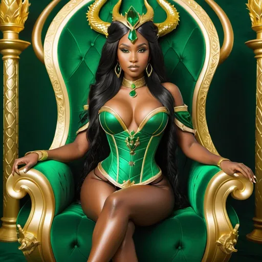 Prompt: Beautiful golden royal african sorceress in gold corset with emerald green accents, dark oiled skin, long black hair, sitting on a throne made from a green dragon, fantasy style, highres, magical,  thick thighs, large chest detailed, regal, elegant, emerald green, pearlescent, fantasy, detailed black hair, ornate throne, ethereal lighting, 