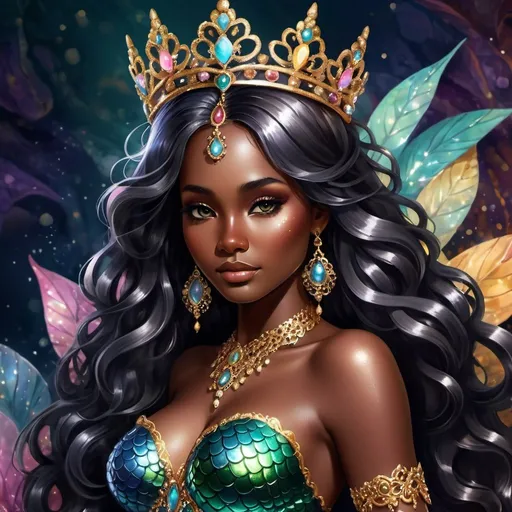 Prompt: (Dark skinned) goddess of mermaid girl, vibrant, large boosom, whimsical dark background, black long wavy hair, dark tan skin, pretty, 8k resolution hyperdetailed scales intricately triadic colors high resolution, full body mermaid with fan tail, familiar, ambient light, glamour, intricate and detailed environment, laces, stains, watercolor dark background, Masterpiece, Royo, ornate, depth, glimmering body art, shimmering glistening skin, ornate crown,, fan tail, pincher claws for hands 