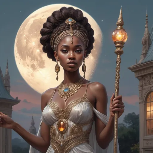 Prompt: Intricately detailed front facing elaborate beautiful brown skinned African Nigerian moon goddess holding a staff intricate glistening face bright eyes prismatic crystal clear dress intricately braided hair hyperdetailed painting by Ismail_Inceoglu Tom Bagshaw Dan Witz CGSociety ZBrush Central fantasy art 4K, Crystal Palace in background digital painting, digital illustration, extreme detail, digital art, ultra hd, vintage photography, beautiful, tumblr aesthetic, retro vintage style, hd photography, hyperrealism, extreme long shot, telephoto lens, motion blur, wide angle lens, deep depth of field, warm, anime Character Portrait, Symmetrical, Soft Lighting, Reflective Eyes, Pixar Render, Unreal Engine Cinematic Smooth, Intricate Detail, anime Character Design, Unreal Engine, Beautiful, Tumblr Aesthetic, Hd Photography, Hyperrealism, Beautiful Watercolor Painting, Realistic, Detailed, Painting By Olga Shvartsur, Svetlana Novikova, Fine Art
