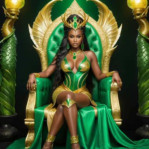 Prompt: Beautiful golden royal african sorceress in gold robes with emerald green accents, dark oiled skin, long black hair, sitting on a throne made from a green dragon, fantasy style, highres, magical, detailed, regal, elegant, emerald green, pearlescent, fantasy, detailed black hair, ornate throne, ethereal lighting, 