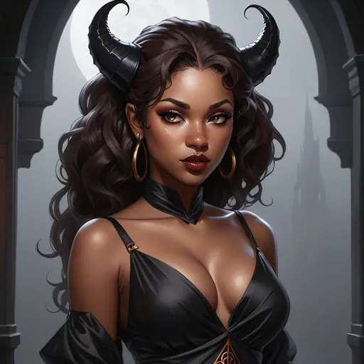 Prompt: anime art, 2d, digital painting, African American features,((large exposed boosom)), cute Anime Skin Diamond:tiefling priestess, big black eyes, silk sheer gown, vampire, dark skin, wavy brown hair, dreadful dark and moody atmosphere, blank expression, combination of gray and black color scheme, rear view,
volumetric lighting, masterpiece, smooth, sharp focus, illustration, golden ratio, rule of thirds, fantasy, D&D, Pathfinder, Tiefling, ((style of Tiefling,))

