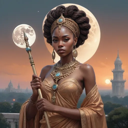 Prompt: Intricately detailed front facing elaborate beautiful brown skinned African Nigerian moon goddess holding a staff intricate glistening face bright eyes prismatic crystal clear dress intricately braided hair hyperdetailed painting by Ismail_Inceoglu Tom Bagshaw Dan Witz CGSociety ZBrush Central fantasy art 4K, Crystal Palace in background digital painting, digital illustration, extreme detail, digital art, ultra hd, vintage photography, beautiful, tumblr aesthetic, retro vintage style, hd photography, hyperrealism, extreme long shot, telephoto lens, motion blur, wide angle lens, deep depth of field, warm, anime Character Portrait, Symmetrical, Soft Lighting, Reflective Eyes, Pixar Render, Unreal Engine Cinematic Smooth, Intricate Detail, anime Character Design, Unreal Engine, Beautiful, Tumblr Aesthetic, Hd Photography, Hyperrealism, Beautiful Watercolor Painting, Realistic, Detailed, Painting By Olga Shvartsur, Svetlana Novikova, Fine Art
