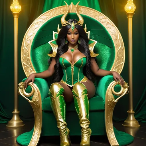 Prompt: Beautiful golden royal african sorceress in gold corset with emerald green accents, dark oiled skin, long black hair, sitting on a throne made from a green dragon, fantasy style, highres, magical,  thick thighs, large chest detailed, regal, elegant, emerald green, pearlescent, fantasy, detailed black hair, ornate throne, ethereal lighting, 