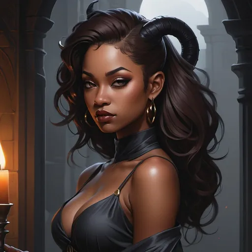 Prompt: anime art, 2d, digital painting, African American features,((large exposed boosom)), cute Anime Skin Diamond:tiefling priestess, big black eyes, silk sheer gown, vampire, dark skin, wavy brown hair, dreadful dark and moody atmosphere, blank expression, combination of gray and black color scheme, rear view,
volumetric lighting, masterpiece, smooth, sharp focus, illustration, golden ratio, rule of thirds, fantasy, D&D, Pathfinder, Tiefling, ((style of Tiefling,))

