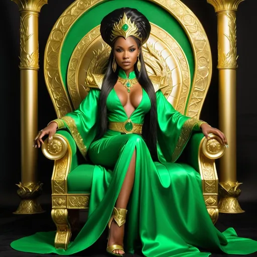 Prompt: Beautiful golden royal african sorceress in gold robes with emerald green accents, dark oiled skin, long black hair, sitting on a throne made from a green dragon, fantasy style, highres, magical, detailed, regal, elegant, emerald green, pearlescent, fantasy, detailed black hair, ornate throne, ethereal lighting, 