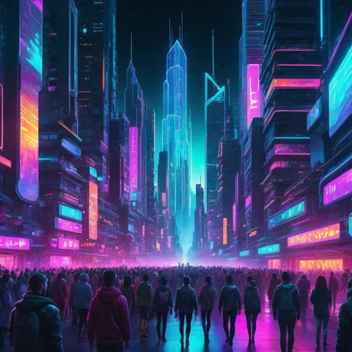 Prompt: Vibrant digital artwork of a futuristic cityscape, neon-lit urban setting, diverse crowd of people, holographic 'Hello World!' display, high-tech skyscrapers, bustling atmosphere, cyberpunk style, vivid neon colors, dynamic lighting, 4k resolution, ultra-detailed, digital art, cyberpunk, vibrant tones, holographic display, futuristic cityscape, dynamic crowd