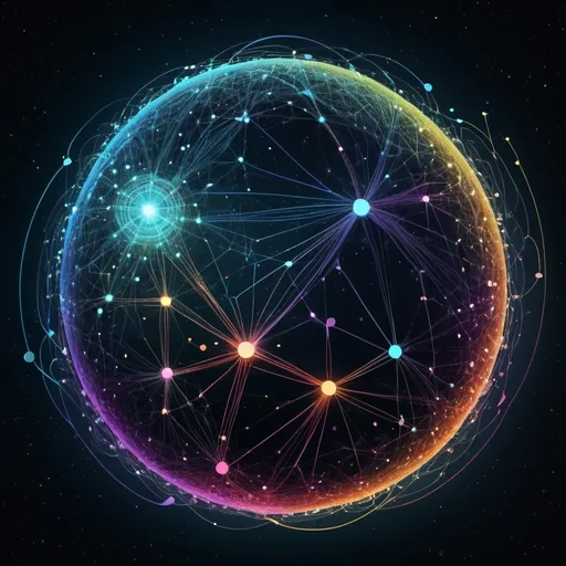 Prompt: create a represntation of a digila ecosystem as a planet of dots adn interconnected lines, digital representation, technical, ones and zeros, connecting data, in a ecosystem
