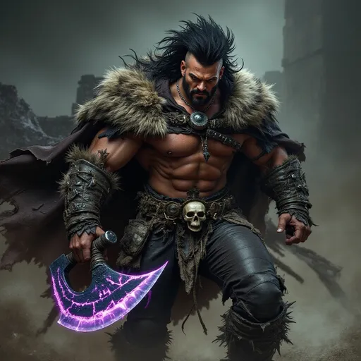 Prompt: A formidable, tall and muscular barbarian striding menacingly forward, with an aura of menace and intimidation. He has beardless, rugged masculine features and a large black mohawk. He wars dark, tattered leather pants, leather boots, spiked leather bracers and a leather strap across his chest, securing a tattered animal pelt cloak at his back. In one powerful hand, he grips a massive obsidian axe, its blade shimmering with a mystical purple energy. The background is scattered with ancient dessert ruins, bathed in the light of a harsh crimson sun. The lighting dramatically contrasts his fierce expression, battle-ready stance and primal fury.