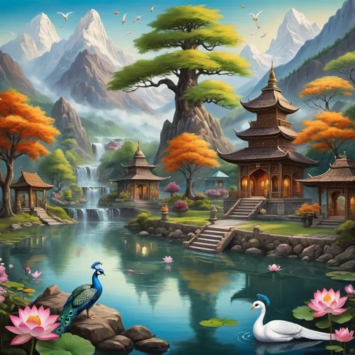 Prompt: A premium quality fantasy 
painting of  town with lahori infrastructure, big trees, flowers and mountains, a sacred lake like a mix of Norway. Include 2 peacocks and happy witches practicing rituals, love runes and small koi fishes in lake ,gautam buddha idol surrounded by lotus, 1 white owl, and waterfalls

