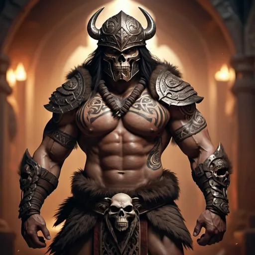Prompt: 3D rendering of a powerful juggernaut warrior, muscled build, long dark hair, fur draped over shoulders, wearing a skull helmet with intricate tribal tattoos, fantasy setting, high quality, detailed textures, heavy musculature, fierce expression, fantasy, tribal, powerful stance, atmospheric lighting, path of exile theme