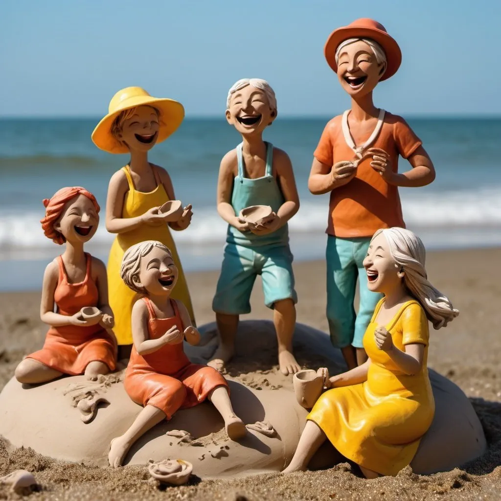 Prompt: As the summer sun bathes the seaside, a group of people laughs and plays on the beach. They are dressed in colorful clay-style outfits, each holding a clay artwork they have crafted themselves. These artworks are unique, showcasing each person's imagination and creativity. Waves crash against the shore, a gentle breeze caresses their faces, and sunlight illuminates their smiles, as if blending their vitality and joy into the entire seaside scene. This scene is brimming with vitality and energy; everyone is immersed in their own creative world while harmonizing with nature. It's a creative and beautiful summer afternoon where everyone enjoys the infinite fun and surprises brought by clay art and nature.