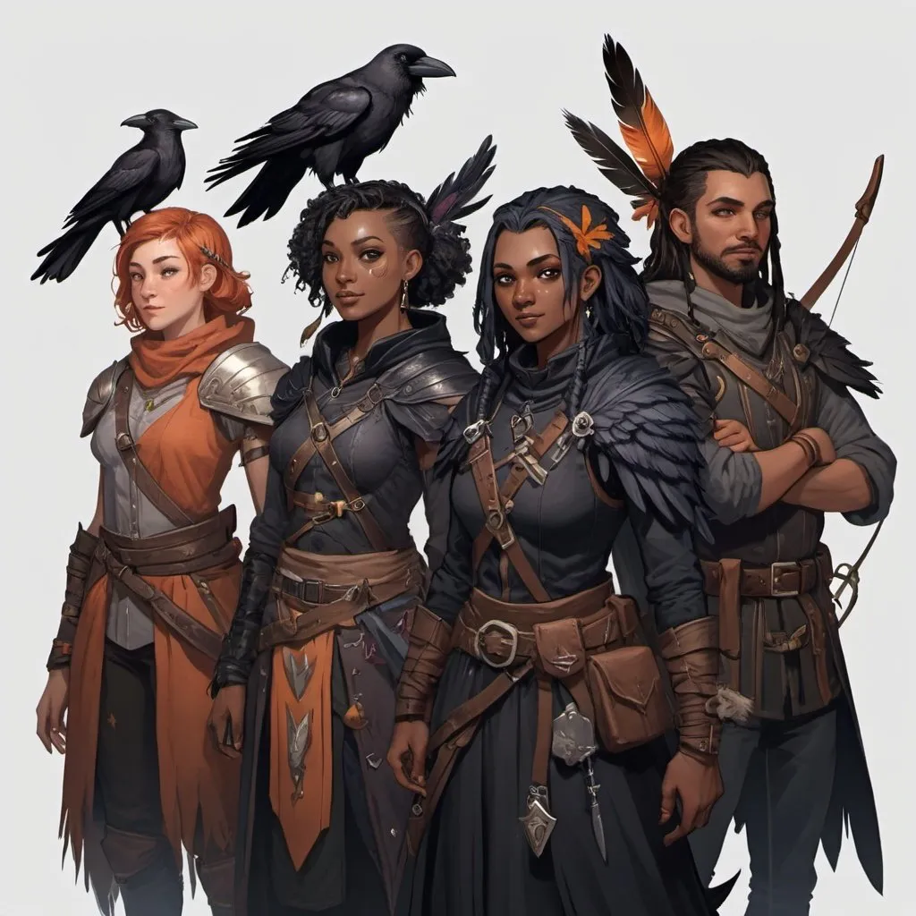 Prompt: a party of 4 people of different races. A crow themed fighter, a crow themed witch, a crow themed archer and a crow themed cleric. They all have feathers in their hair.