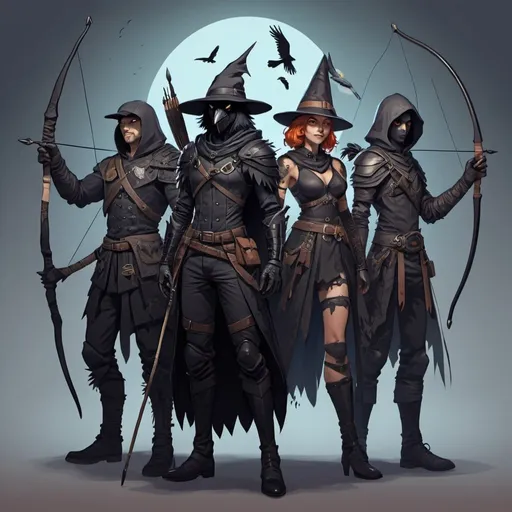 Prompt: a party of 4 people. A crow themed fighter, a crow themed witch, a crow themed archer and a crow themed
 myconid