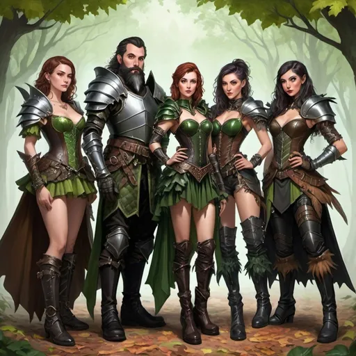 Prompt: a party of 4 people wearing leather armor. One is a tall elf wearing layers of ruffles and a leather corset. One is a short dark dwarf with a beaded beard, metal pauldrons and metal boots. One is a witch with feathers and leather armor. One is an archer with layers of leather gear and green leafy camoflage.

