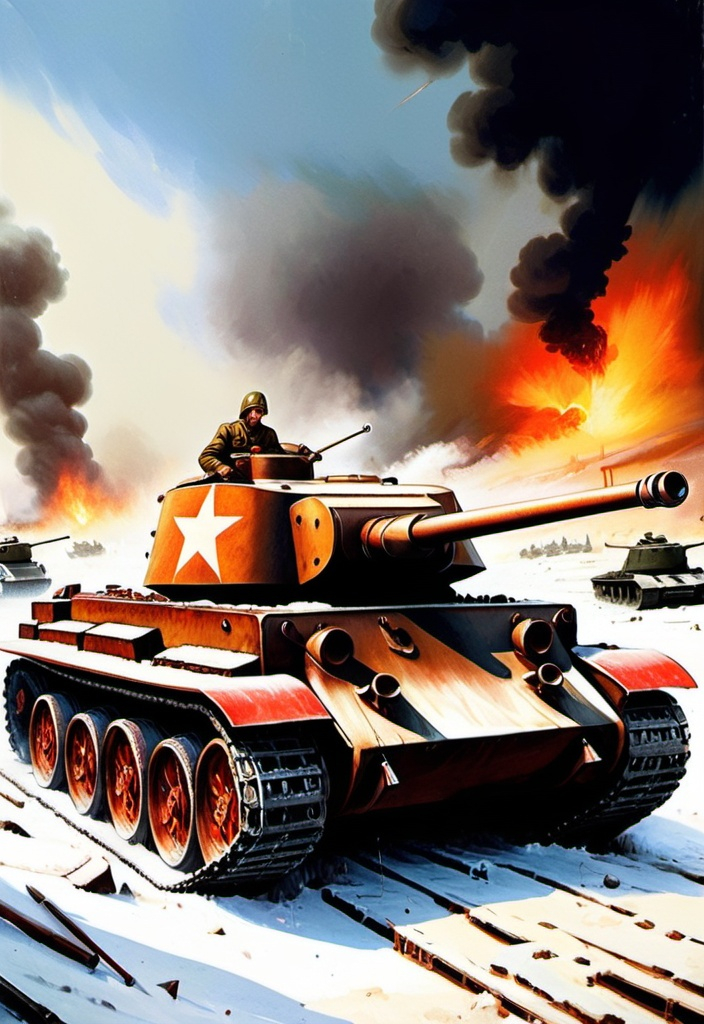 Prompt: stalingrad battle with t-34 tank and tiger tank