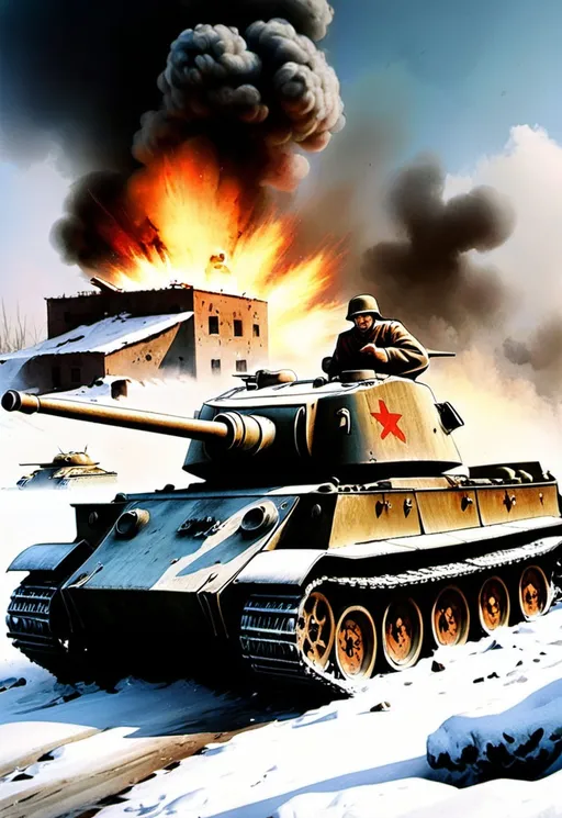 Prompt: stalingrad battle with t-34 tank and tiger tank