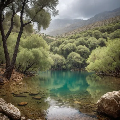 Prompt: Crete a relaxing foto of a lake in the mountains with lots of trees raining in a rainforest

