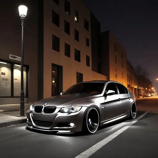 Prompt: • "A sleek 2010 BMW 3 Series parked on a street after the fall during afternoon, illuminated by street lights off, with a cool urban vibe. Not around any building 
The car should look wrapped and carbon fiber parts and stylish, red interior people looking and taking picturesof the car with a really realistic the floor a little bit dirty design."