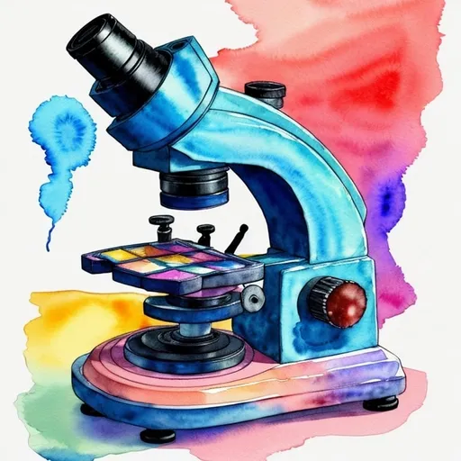 Prompt: Watercolor illustration of a microscope. Remove eyepiece. Replace eyepiece with an upside-down microphone as the eyepiece, vibrant watercolor style, detailed microscope structure, colorful watercolor palette, artistic rendition of scientific equipment, high quality, detailed watercolor, vibrant colors, creative concept, unique art style, artistic interpretation, imaginative illustration
