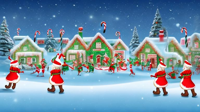 Prompt: North pole scene, zoom background, santa in his sleigh, elves dancing with candy canes