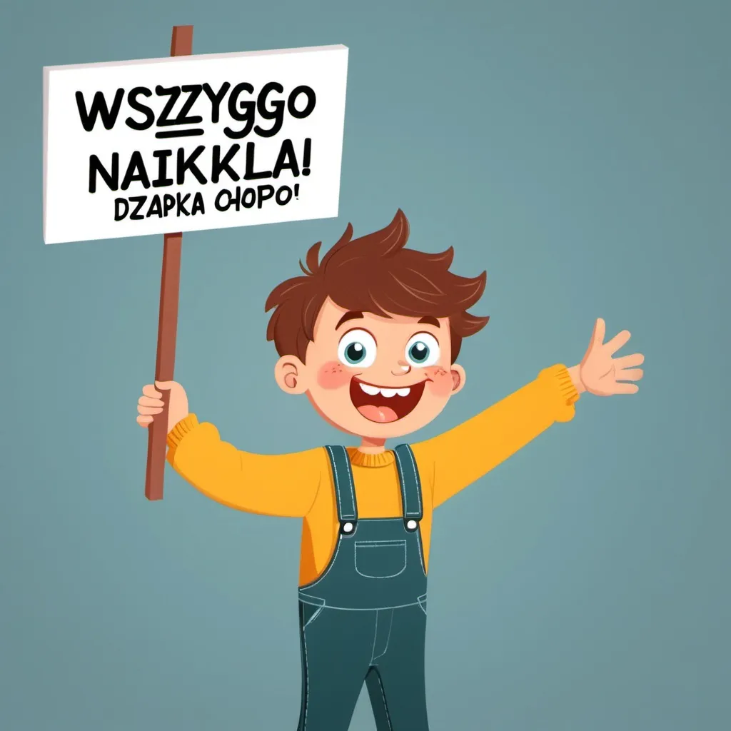 Prompt: Cartoon happy boy is holding a sign with text "Wszystkiego najlepszego z okazji Dnia chłopaka"