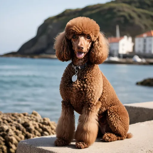 Prompt: A brown poodle,sitting down next to the sea