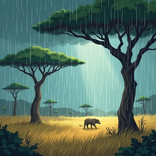 Prompt: Rain in the Savannah in a cartoon type style
