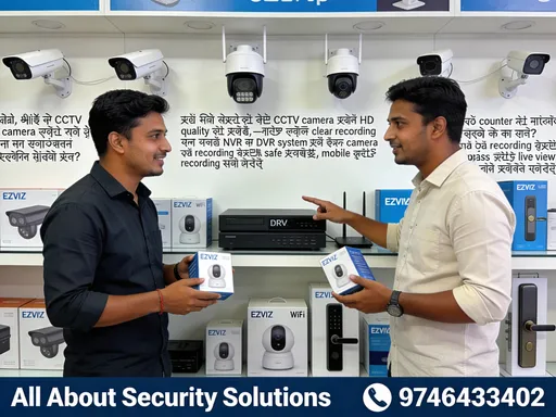 Prompt: Create a realistic promotional video inside a CCTV camera showroom in Nepal.
Two Nepali men are standing inside the shop, talking naturally while showing products.
The environment looks like a real Nepali security showroom.

Products visible:
CCTV cameras mounted on the wall,
NVR and DVR systems on the counter,
EZVIZ WiFi cameras,
EZVIZ smart door lock.

Scene style:
Natural conversation, friendly and professional.
The first person asks questions, the second person explains while pointing at the cameras and devices.
They pick up products and show them to the camera.

Nepali voice dialogue:

Person 1:
"दाइ, अहिले त CCTV camera बिना पसल र घर सुरक्षित हुँदैन जस्तो लाग्छ है?"

Person 2:
"हो नि। यहाँका यी CCTV camera हरू HD quality का हुन्,
दिन–रात दुबै clear recording दिन्छन्।"

Person 1:
"यो counter मा राखिएको के हो दाइ?"

Person 2:
"यो NVR र DVR system हो।
सबै camera को recording यहीँ safe हुन्छ,
mobile बाट live view पनि हेर्न मिल्छ।"

Person 1:
"EZVIZ को camera पनि छ र?"

Person 2:
"छ नि। EZVIZ WiFi camera घरको लागि एकदमै राम्रो।
Mobile notification आउँछ।
अनि यहाँ EZVIZ smart door lock पनि छ —
fingerprint, password र mobile app support गर्छ।"

Person 1:
"एकै ठाउँमा सबै security solution रहेछ त!"

Person 2:
"हो, All About Security Solutions।
घर होस् या पसल, सुरक्षाको पूरा समाधान।"

Ending scene:
Show shop banner text clearly on screen:
"All About Security Solutions"
Phone number: 9746433402

Video quality:
Full HD 1080p resolution,
realistic lighting,
smooth camera movement,
clear Nepali voices,
no blur, no watermark,
professional commercial video style.
