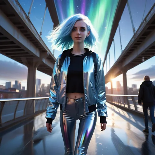 Prompt: Tall young woman walking down the high street, detailed clothing, realistic, natural lighting
 Her eyes emit a soft white light, and her hair floats slightly as if in zero gravity. . Around her, a city with metallic reflections and holographic windows reflecting in the background,  while a futuristic aurora shines in the sky. She is under the bridge, emo, blue hair, dancing and spinning and having fun with around 30 other emo kids whom are skateboarding and graffiting
The style should be digital, with precise details, vibrant colors, and an ethereal, high-tech atmosphere


