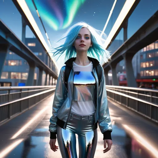 Prompt: Tall young woman walking down the high street, detailed clothing, realistic, natural lighting
 Her eyes emit a soft white light, and her hair floats slightly as if in zero gravity. . Around her, a city with metallic reflections and holographic windows reflecting in the background,  while a futuristic aurora shines in the sky. (She is under the bridge, emo, blue hair, dancing and spinning and having fun with around 30 other emo kids whom are skateboarding and graffiting)
The style should be digital, with precise details, vibrant colors, and an ethereal, high-tech atmosphere


