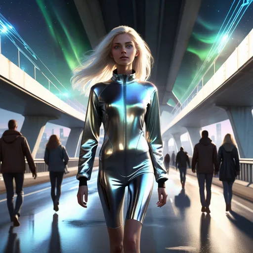 Prompt: Tall young woman walking down the high street, detailed clothing, realistic, natural lighting
 Her eyes emit a soft white light, and her hair floats slightly as if in zero gravity. . Around her, she is under a highway bridge with 20 others with metallic reflections and holographic windows reflecting in the background,  while a futuristic aurora shines in the sky. She is under the bridge, emo, blue hair, dancing and spinning and having fun with around 30 other emo kids whom are skateboarding and graffiting and having a party
The style should be digital, with precise details, vibrant colors, and an ethereal, high-tech atmosphere


